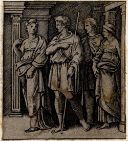 Aeneas visiting Dido, with Anchises and a courtesan (Quos Ego)