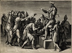 A Snake Charmer selling the poison antidote to a party of people