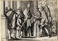 Margaret of Austria holding her son, with Philip III standing in front, accompanied by several courtiers