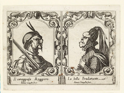 Ruggiero and Bradamante, seen in profile, portrayed in a grotesque manner