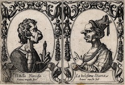 Narcissus and Diana, seen in profile, portrayed in a grotesque manner