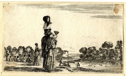 Elegantly dressed ladies, standing, watching bathers