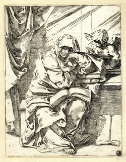 An elderly Sybil, seated, with a putto pointing at her