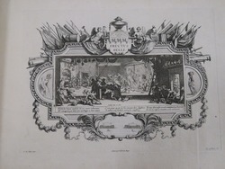 Plate 5: Central scene showing the pillage of a farm house, surrounded by an elaborate cartouche, with additional vignette of an image which suggests, on either side, two palisades surrounded by soldiers with raised spears, with, in the foreground, a figure with a gun apparently firing at two figures to the left