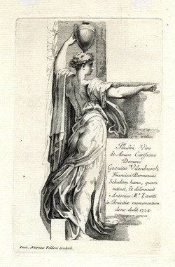 A woman with a vase on her head, supported by her left hand