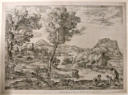 Landscape with a man standing beside two seated men in right foreground, before a river that winds to the sea
