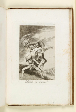 Plate 65: nude woman carried away over landscape by witches, with cat holding parasol