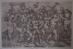 Silenus carried by two Bacchantes with other figures and his ass eating an apple