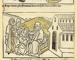 A seated hermit, a monk and two clergymen