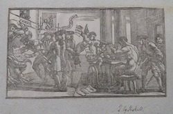 Satirical print with Pan, flying cherub, Harlequin feeding 'THE TEA TABLE' to an enormous open-mouthed monster and wigged figures, with slogans including Reputation (in tatters), FAWKS, Shakspear, etc