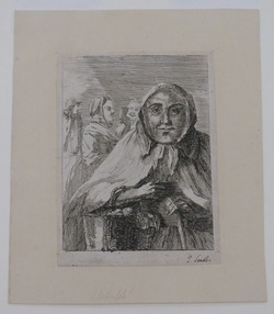 A round-faced woman with a deep basket on her arm and a walking stick, full face with three other figures in the background