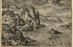 Hero and Leander | In a landscape, at lower left Leander taking off his clothes, at centre the same seen swimming in the Hellespont, resting on a rock and lying dead in the sea at right, a tower with Hero at right, rocks and buildings at left (descriptive)