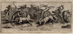 Landscape with hunters, bear, deer, lion and wild boar