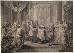 Louis XIIII mettant le Cordon bleu à Monsieur de Bourgogne Père de Louis XV. Roy de France regnant