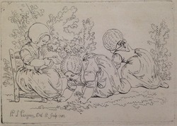 Three infant girls in a garden
