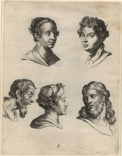Studies of five heads, one of which Christ's