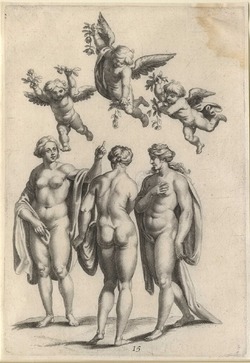 Three putti and the three Graces