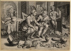 Kitchen scene with man and woman roasting a chicken