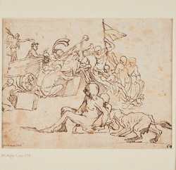 Mock heroic subject of an Emperor in triumph being carried in a chariot