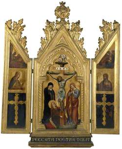 The Crucifixion (centre); The Angel Gabriel and a Saint (left); The Virgin and St James (right)