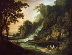 Landscape with a fishing Party by a Waterfall