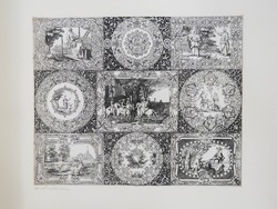 Nine squares decorated central circular fields with trophies and idealized families or rectangular fields with scenes of people at work, surrounded by foliage, from Douce Ornament Prints Album I