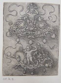 Two pendant designs, top design with bust of woman in centre of rinceaux foliage and inset gems, lower design of putto standing on back of hippocampus, from Douce Ornament Prints Album I