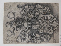Coat of arms with a greyhound, a bear, a stag, and a fox surmounted by a helmet with a lion with a double tail sitting on a crown surrounded by rinceaux foliage, from Douce Ornament Prints Album I