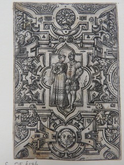 Couple holding sword and cup in centre cruciform medallion with rounded and pointed arched ends surrounded by strapwork, grotesques, and foliage, from Douce Ornament Prints Album I
