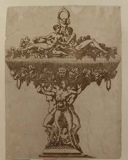 Design for object in metalwork, a dish decorated with grapes, supported by three satyrs, with lid surmounted by a couple reclining among grapes, from Douce Ornament Prints Album II