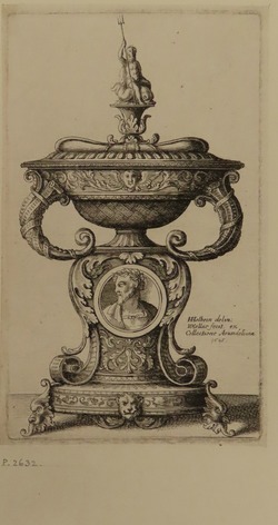 Design for a two-handled cup from a series of plates, with Neptune standing at top of lid, medallion with head of a man at centre, from Douce Ornament Prints Album II
