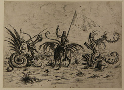 Landscape with a man holding a pair of scissors and a banner on a winged goat at centre, at left a winged monkey on a dragon, at right a creature on a frog, from Douce Ornament Prints Album II