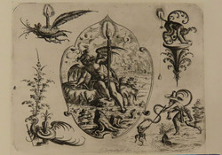 Cartouche with an angel sitting on a hill holding a burning torch, fantastic creatures in the corners, from Douce Ornament Prints Album II