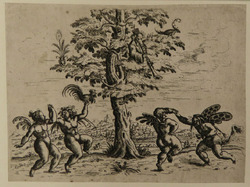 Four putti dancing two by two around a tree, in which a figure plays on his trumpeted nose, from Douce Ornament Prints Album II