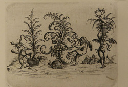 Three putti, the left one spouting eggs from a basket, the middle one drawing on leaf vines, the right one holding a basket on its head, from Douce Ornament Prints Album II