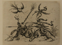 Fight between a frog and a lobster, the lobster riding a ram and the frog riding a goat with a cat tail, from Douce Ornament Prints Album II