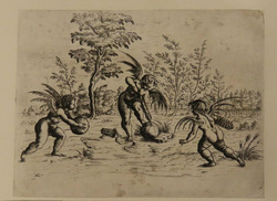 Landscape with three putti playing a ball game, the left putto about to throw a ball, the putto at centre inflating a second ball, from Douce Ornament Prints Album II