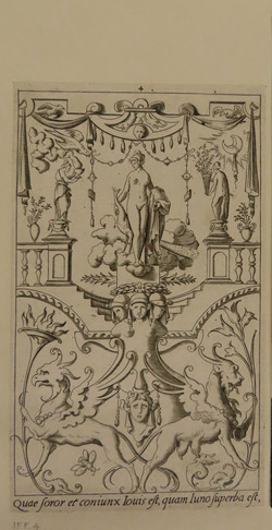 Plate 4: Juno standing on a pedestal with a peacock, surrounded by grotesques with mask, statues, birds, moon and winged creatures, from Douce Ornament Prints Album II