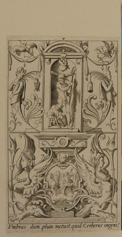 Plate 7: Pluto holding a two-pronged fork in a niche, with Cerberus at his feet, flanked by half-satyr, half-plant, cupids in top corners and a cartouche at bottom, from Douce Ornament Prints Album II