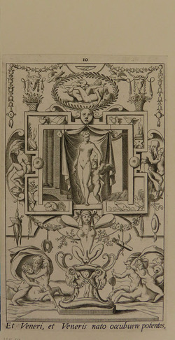 Plate 10: Venus and Cupid within a rectangular frame, a winged creature on a pedestal between centaurs carrying women, from Douce Ornament Prints Album II