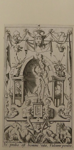 Plate 16: Vulcan holding a hammer and tongs in front of a furnace, within a niche, two old satyrs, male and female, lying with a dog at bottom, from Douce Ornament Prints Album II