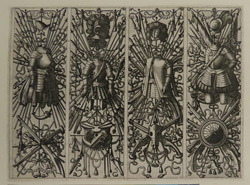 Plate 9: Four trophies of weapons, armours and helmets, from Douce Ornament Prints Album II