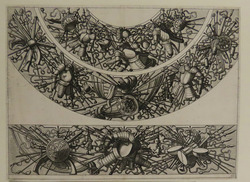 Plate 16: Two curved friezes and a straight frieze of trophies consisting of breastplates, shields and various spears, from Douce Ornament Prints Album II