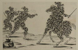 Plate c: A horseman attacked by two figures carrying a musket and a sword, the animals and figures composed of foliage scrolls, from Douce Ornament Prints Album II