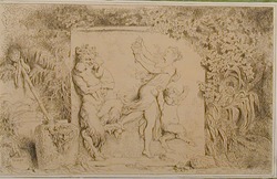 A bas-relief of a nymph, playing a sistrum, with satyrs