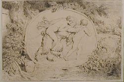 An oval bas-relief of a nymph riding on the back of a satyr