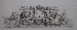Design for a fountain showing two angels riding a horse and the French royal coat of arms, from the series 'Recueil de fontaines et de frises maritimes'