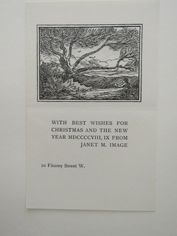 Christmas card for Janet Image 1908: kneeling figure with outstretched hand in front of a large tree in a wind-swept landscape