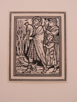 Three figures walking playing instruments (bagpipe and pipes), with a child carrying a Christmas tree, and a dog