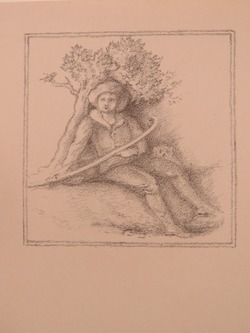 Boy with dog and long curved stick seated on a bank under a tree